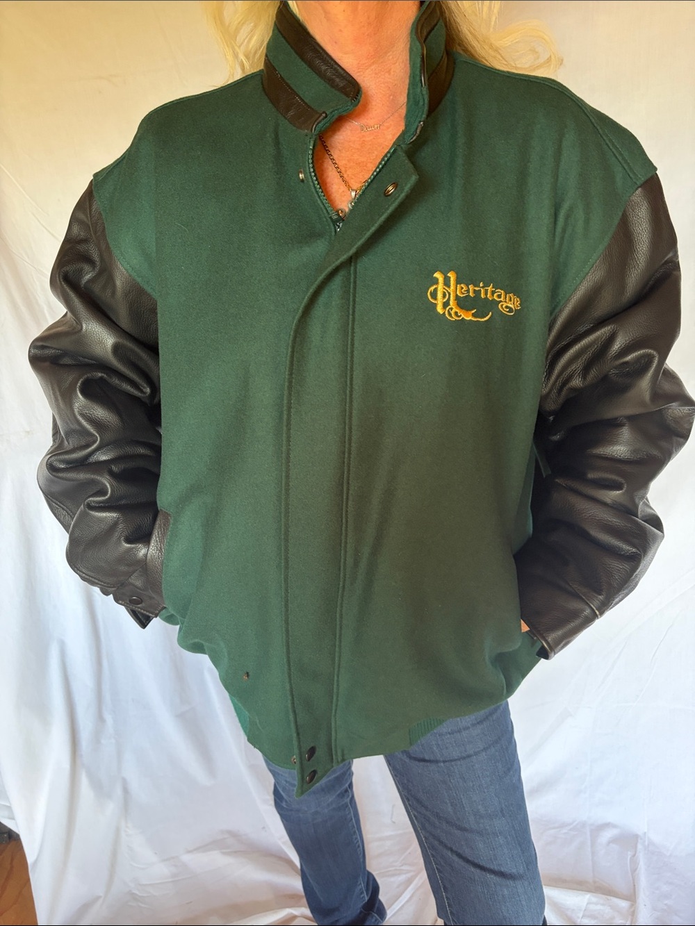 Heritage Green Wool Bomber Jacket with Black Leather Sleeves